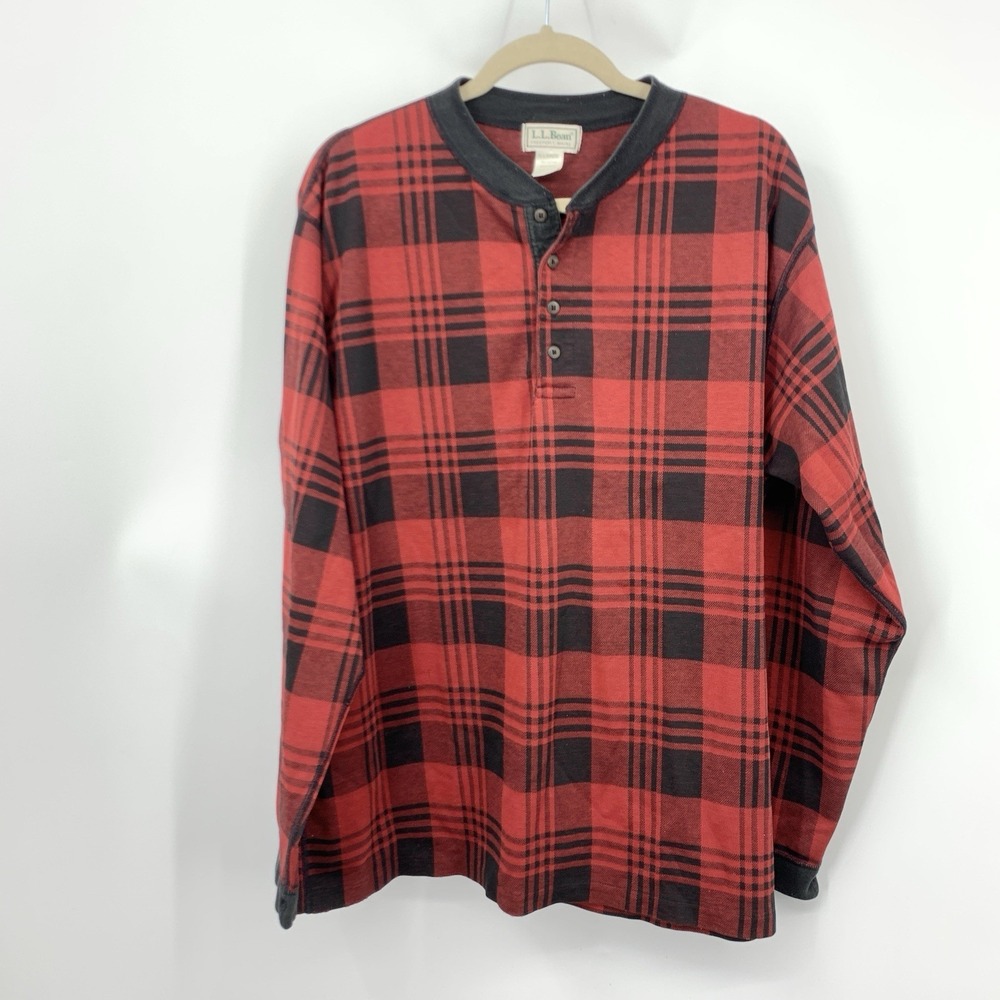LL Bean Men Size XL Shirt Vintage 90s Henley Top Black Red Buffalo Plaid Cotton